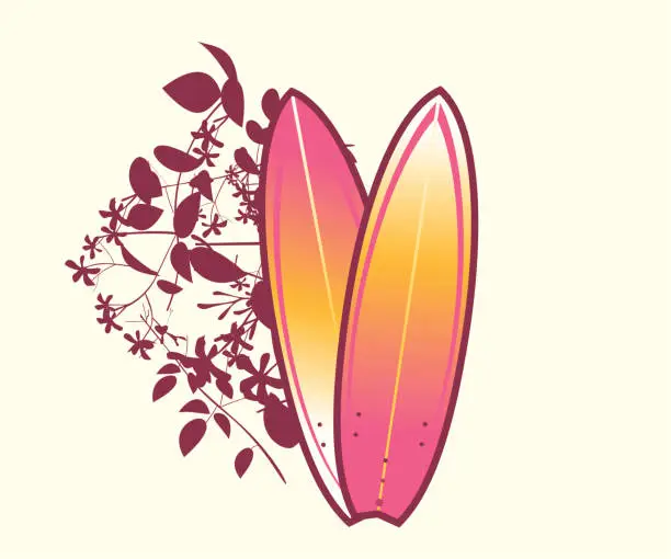 Vector illustration of Surfboard Emblem with flowers