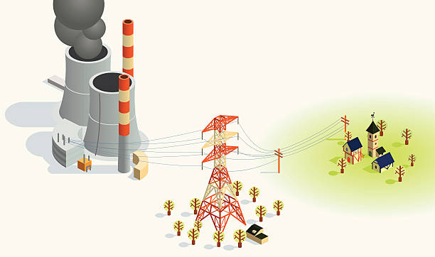 ilustraciones, imágenes clip art, dibujos animados e iconos de stock de transferencia de potencia - isometric power line electricity electricity pylon