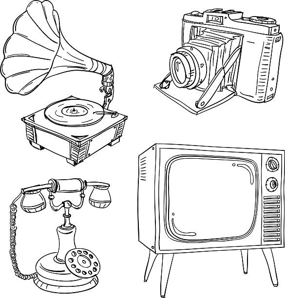 винтажные электрические приборы в черно-белом - кинокамера иллюстрации stock illustrations