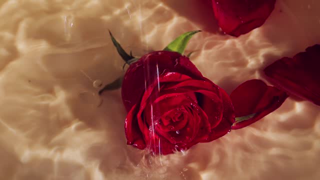 Sunlight reflects on red rose flowers placed on water's surface, accompanied by falling water droplets and gentle waves. Creating a textured holiday ambiance