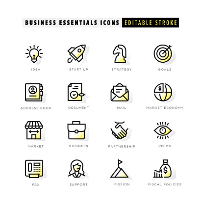 Business essentials icons with yellow inner glow