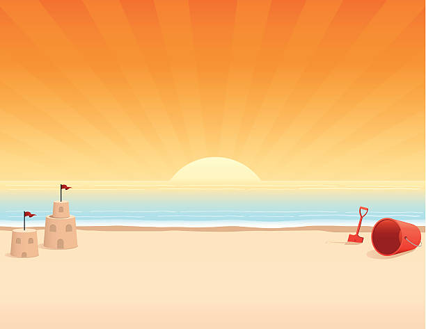 Beach at Sunrise What better way to spend your day than at the beach? sand pail and shovel stock illustrations