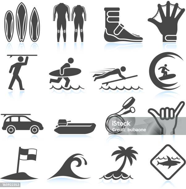 Surfing Vacation Black White Royalty Free Vector Icon Set Stock Illustration - Download Image Now