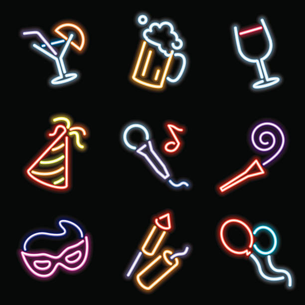 illustrations, cliparts, dessins animés et icônes de neon icônes-partie - cocktail alcohol wine beer