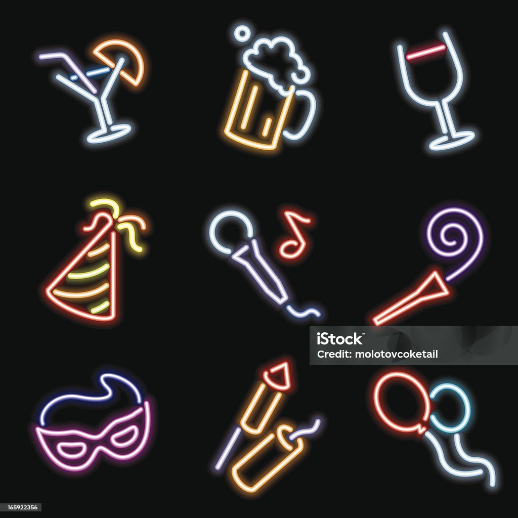 neon icons - party A set of 9 party icons in neon style. Neon Lighting stock vector