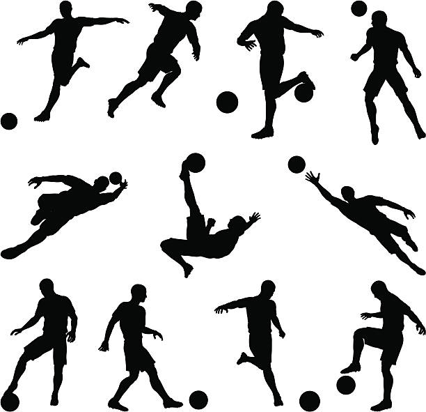 fußball-silhouetten in motion - kick er stock-grafiken, -clipart, -cartoons und -symbole
