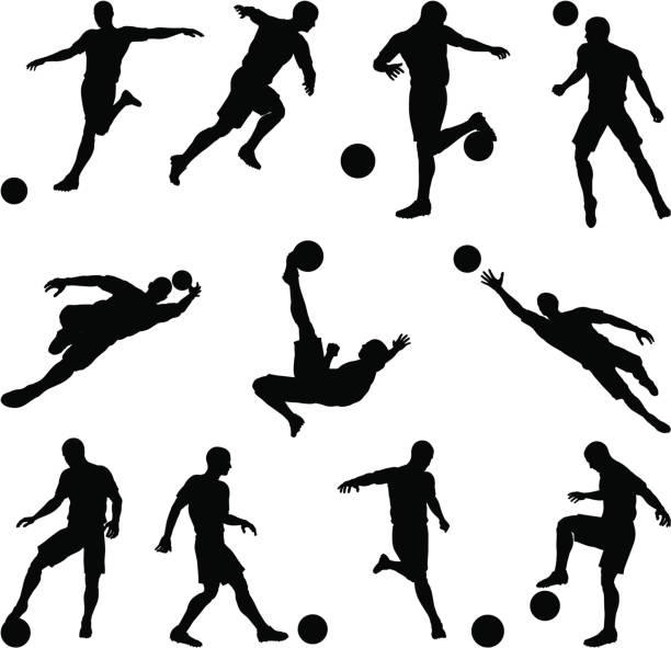 Soccer silhouettes in motion Very high quality detailed soccer football player silhouette outlines. passing sport stock illustrations