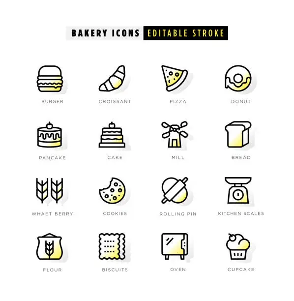 Vector illustration of Bakery icons with yellow inner glow