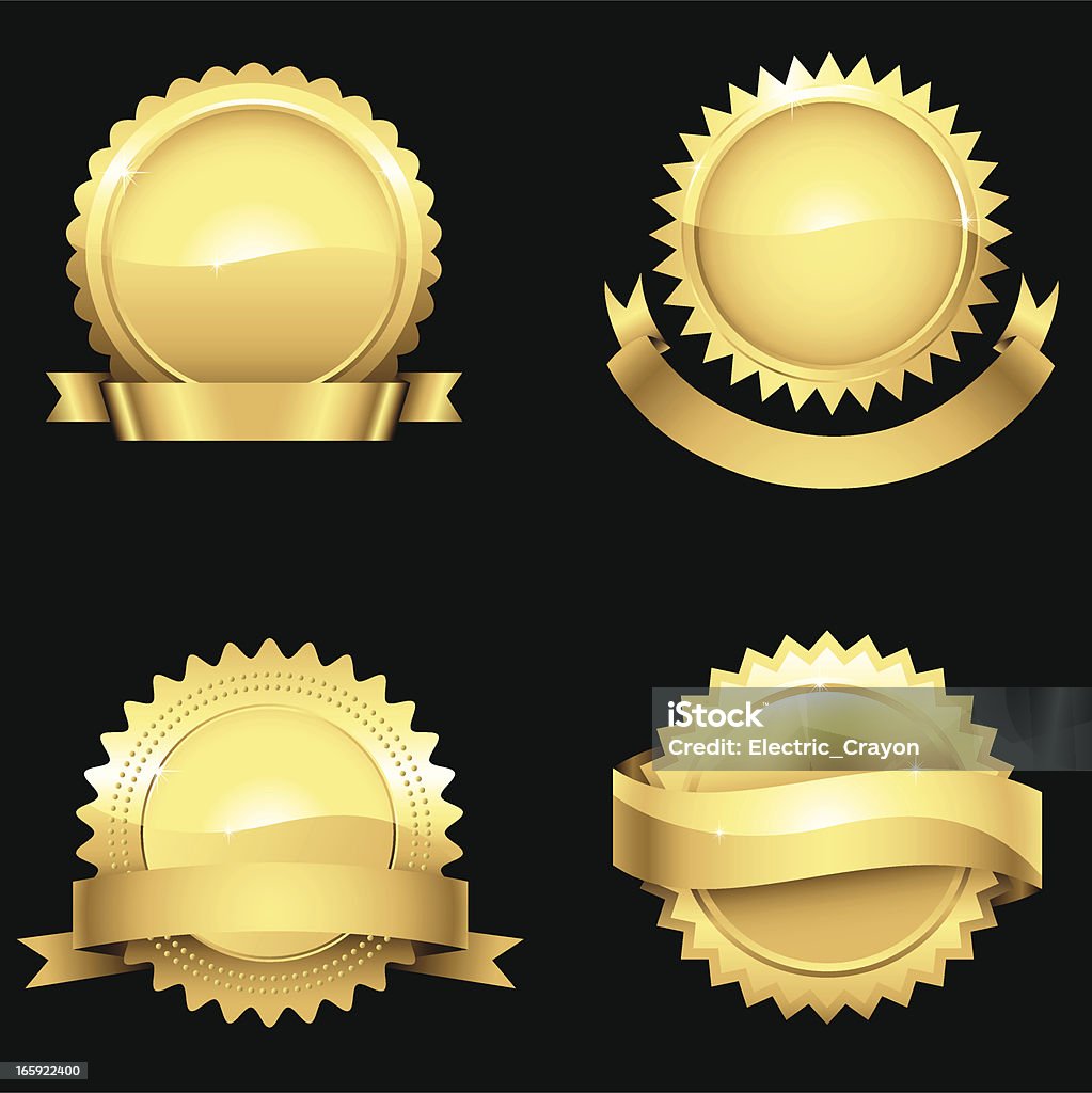 Glossy Gold Seals Set of 4 different glossy gold seals with banners.  Colors are just a few global swatches, so they can be modified easily.  File is layered, and each seal is grouped separately for easy editing.  AI EPS 8 file - no transparency effects. Gold - Metal stock vector