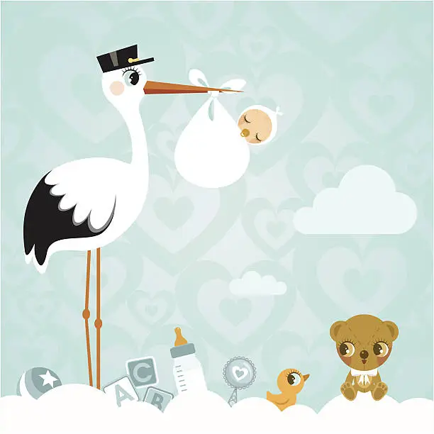 Vector illustration of Stork and baby. Newborn babyshower cloud cute invitation
