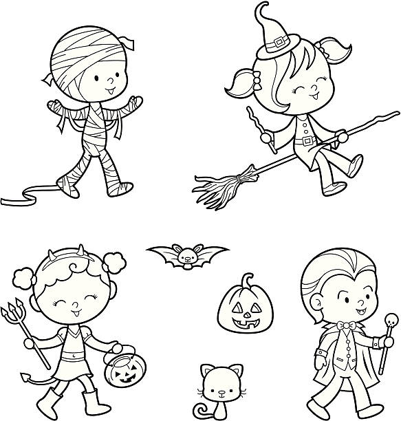 illustrations, cliparts, dessins animés et icônes de halloween colorier ensemble - halloween witch child pumpkin