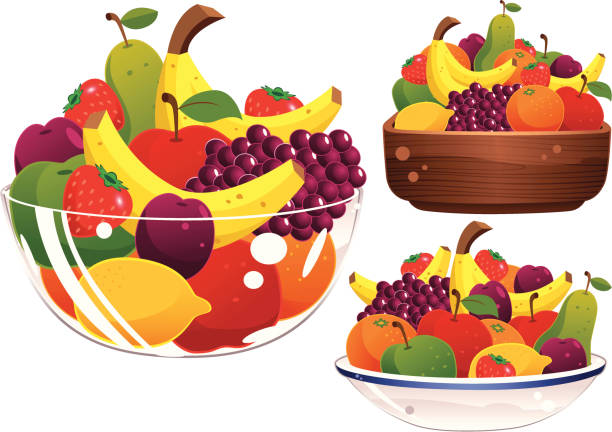 Glass, ceramic and wooden fruit bowls Three isolated and different fruit bowls, plus assorted fruit. One glass, one ceramic and one wooden dish. fruit bowl stock illustrations