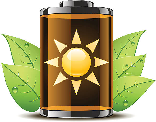 Sun battery with leaves vector art illustration