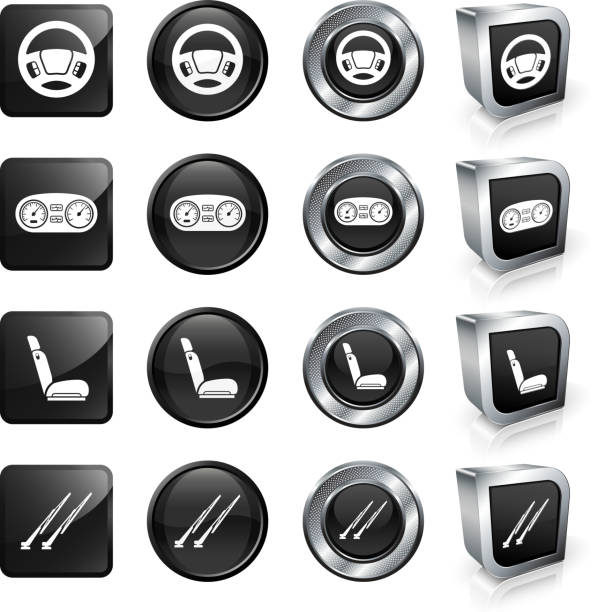 ilustraciones, imágenes clip art, dibujos animados e iconos de stock de conjunto de piezas de automóvil botón contra un fondo blanco. - chrome metal push button speedometer