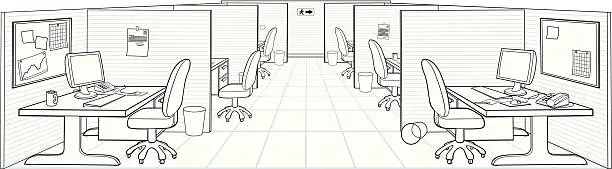 Vector illustration of Illustration of traditional office setting with cubicles
