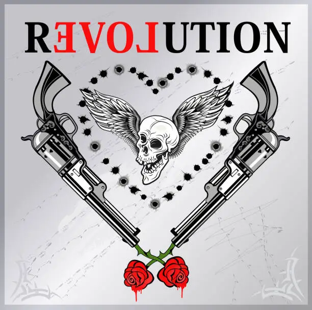 Vector illustration of Revolution and Rose. Skull and Revolver