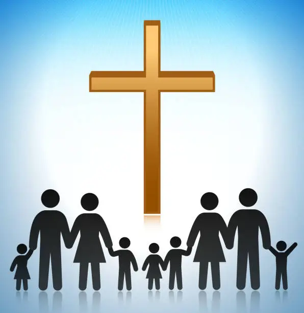 Vector illustration of Church withe the Family Concept Stick Figures