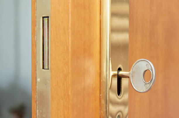 istock Wooden door with a gold lock and key 1659230231