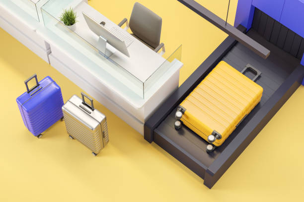 istock Top view of airport interior with check-in counter, conveyor and pc computer 1659230763