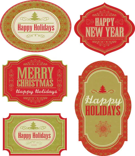 Vector illustration of Set of red and green holiday Christmas themed labels