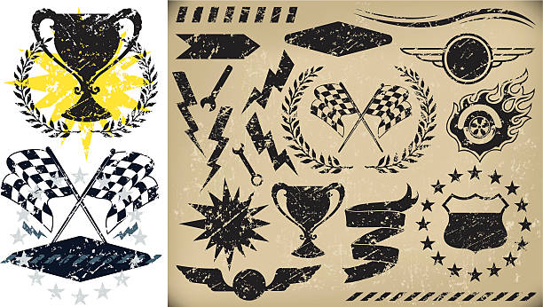 Grunge style silhouette illustrations of auto racing icons with Flaming Tire, Checkered Flag, Trophy and Banner. Mix and Match. Compound paths. Use as positive or negative. Color changes a click. Layered and grouped for easy edits. Scale to any size. Check out my 
