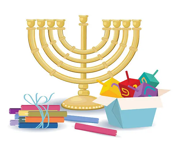 Vector illustration of Hanukkiya, Box With Spinning Tops And Candles