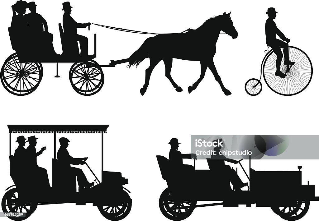 Vintage Vehicles Turn of the century cars, bicycle, and horse-drawn carriage. Figures of people easy to edit. Files included – jpg, ai (version 8 and CS3), and eps (version 8) Victorian Style stock vector