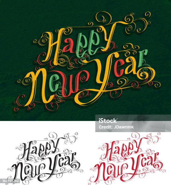 Счастливый Новый Год Рисованные Шрифт — стоковая векторная графика и другие изображения на тему Белый фон - Белый фон, Вариация, Векторная графика