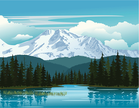 Mountain, hills, trees and lake.