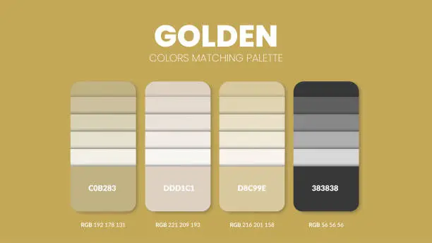 Vector illustration of Color palette in Gold colour theme collections. Color inspiration or colour chart with codes template. Color combination set of RGB. Colors swatch for graphic design, art, fashion, or web design.