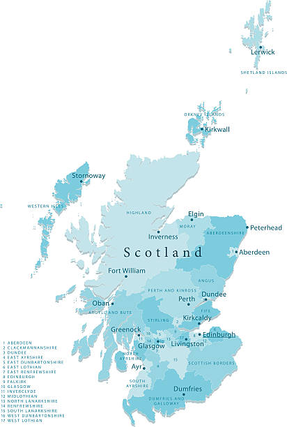 ilustraciones, imágenes clip art, dibujos animados e iconos de stock de vector de mapa de las regiones de escocia aislado - inverness area