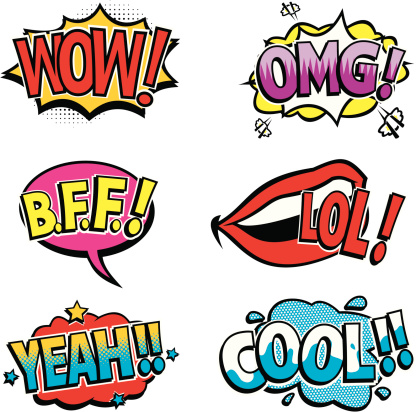 Comic book style sounds and design elements. Wow, OMG, BFF, LOL, Yeah and Cool!