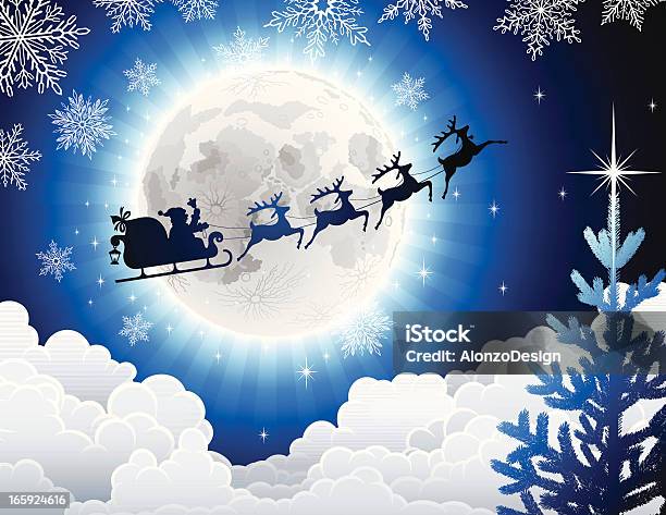 Santas Sleigh На Рождество Небо — стоковая векторная графика и другие изображения на тему Векторная графика - Векторная графика, Декабрь, Дерево