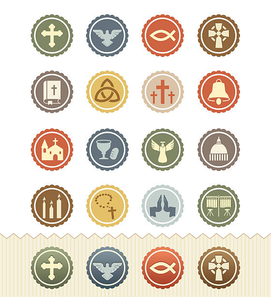 illustrazioni stock, clip art, cartoni animati e icone di tendenza di cristianesimo icone: serie di badge d'epoca - praying religion spirituality letterpress