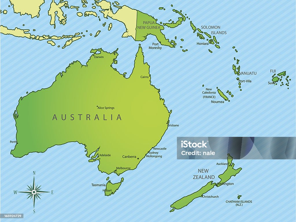 Oceania Karte Grün mit Grenzen und Namen - Lizenzfrei Australasien Vektorgrafik