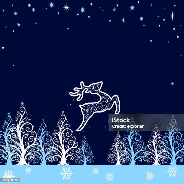 Christmas Reindeer And Tree Stock Illustration - Download Image Now - Animal, Blue, Blue Background