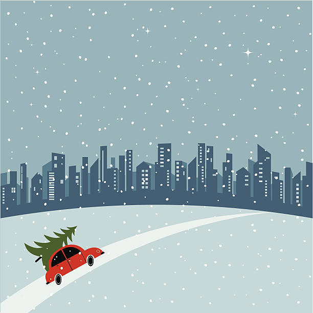 bildbanksillustrationer, clip art samt tecknat material och ikoner med merry christmas city - vinter väg bil