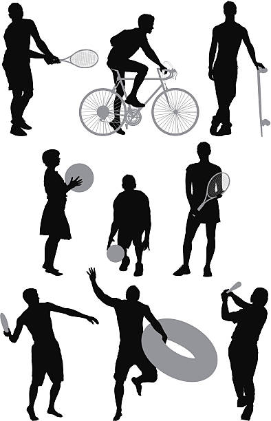 ilustrações de stock, clip art, desenhos animados e ícones de silhuetas de pessoas de diferentes desportos de acção - beach ball ball bouncing white background
