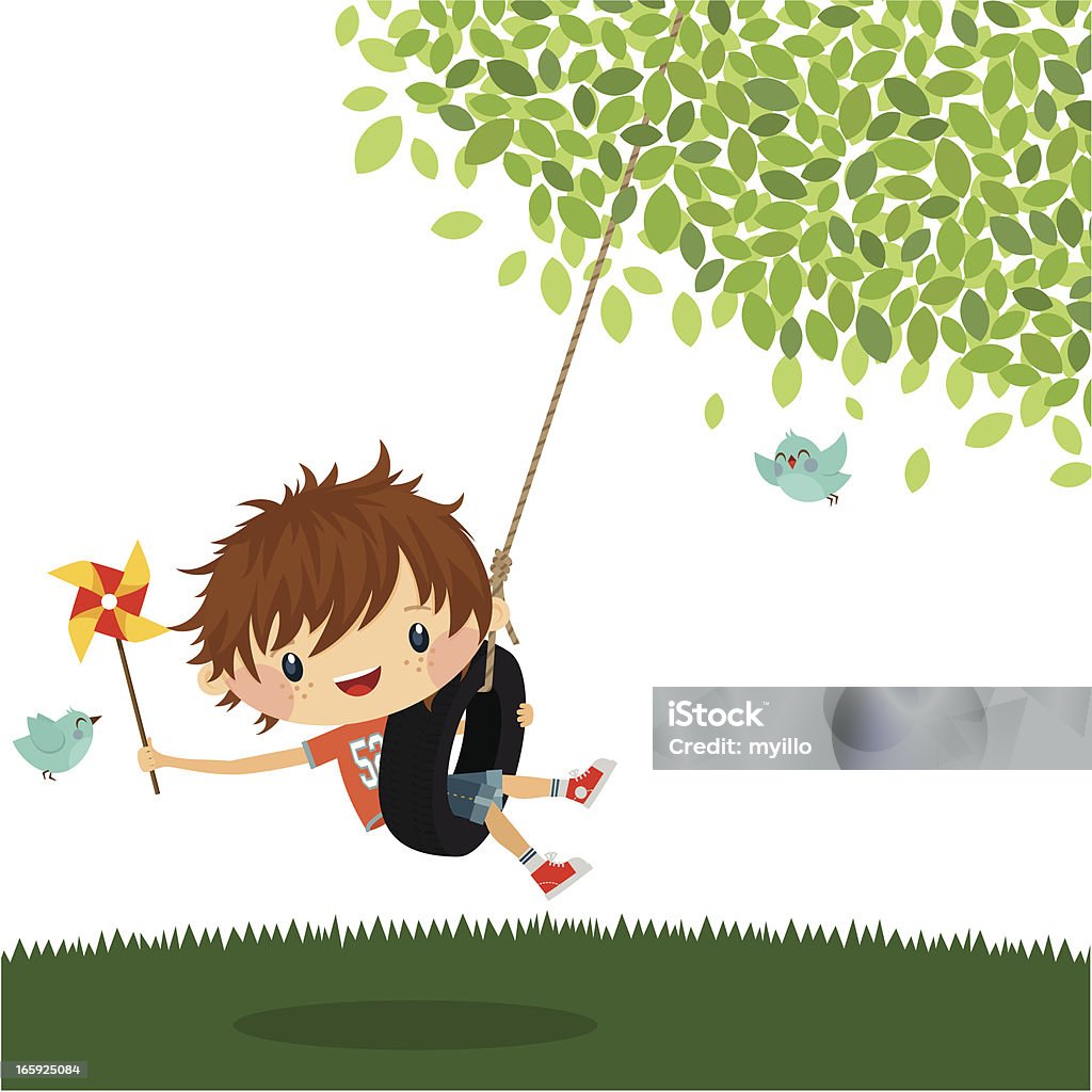 Niño jugar swing de verano ilustración vectorial happy kid Monada - arte vectorial de Niño libre de derechos