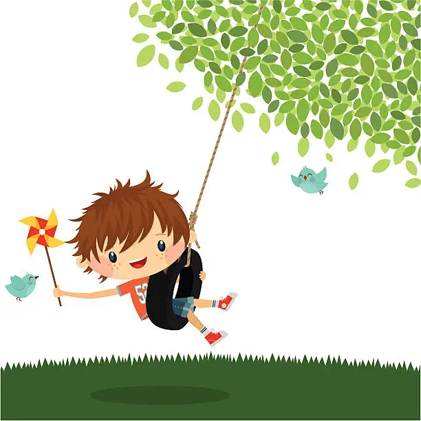 Vector illustration of Boy play swing summer happy kid cute vector illustration