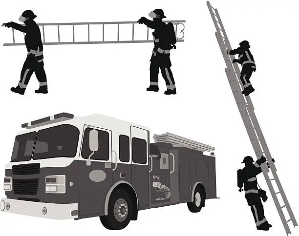 Vector illustration of Fireman'n Ladders Vector Silhouette