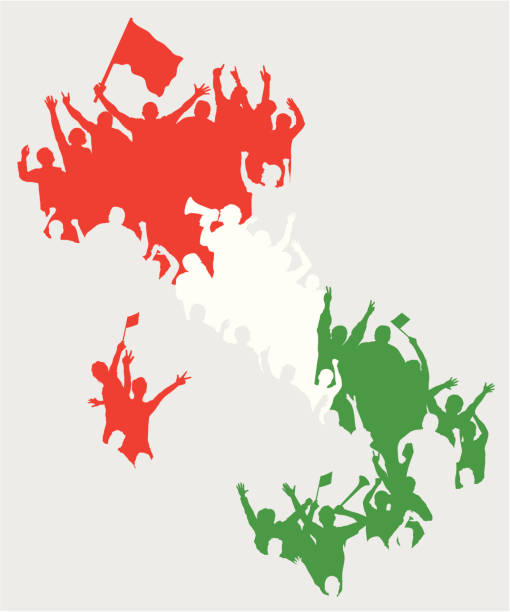 Happy Italian Fans in Shape of Italy Map. Vector silhouetted cheering crowd with Italian flags. Three line of fans in color of Italian flag. Shape of illustration repeat the shape of map of Italy. italy soccer stock illustrations