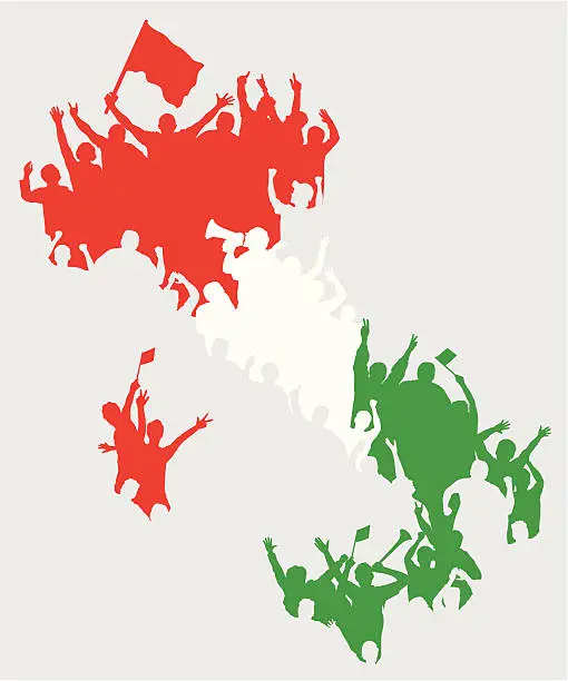 Vector illustration of Happy Italian Fans in Shape of Italy Map.