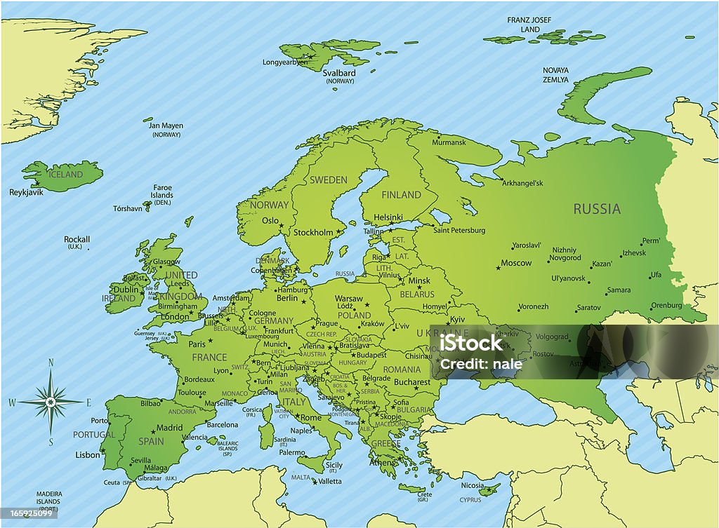 ヨーロッパの地図の緑色の境界と名前 - 地図のロイヤリティフリーベクトルアート