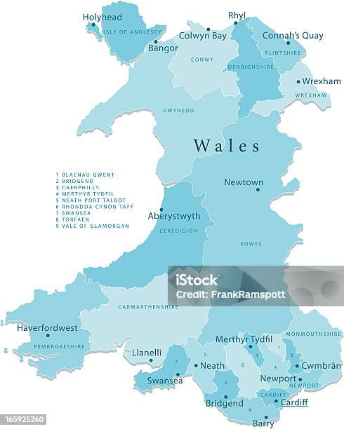 Уэльс Векторная Карта Регионах Изолированные — стоковая векторная графика и другие изображения на тему Уэльс - Уэльс, Карта, Англси - Уэльс