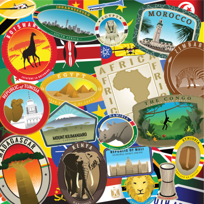 Series of stylized vintage era African landmark and flag stickers assembled to make a collage.