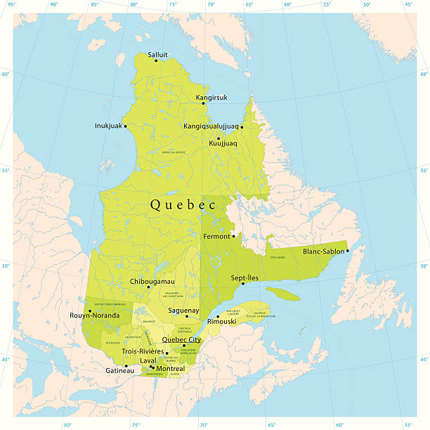 Quebec Vector Map "Highly detailed vector map of Quebec, Canada. File was created on November 6, 2012. The colors in the .eps-file are ready for print (CMYK). Included files: EPS (v8) and Hi-Res JPG (5600 x 5600 px)." quebec stock illustrations