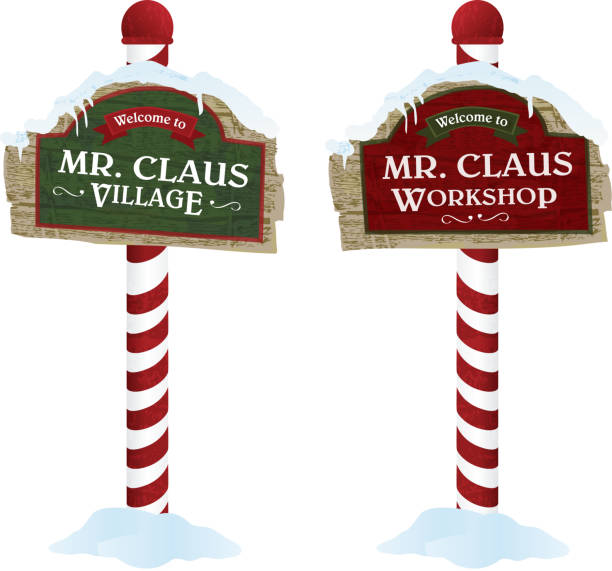 Christmas and Holiday wooden workshop village signs Vector illustration of two wooden signs with wording: Welcome to Mr. Claus Village and Welcome to Mr. Claus Workshop. Download includes Illustrator 10 eps with transparencies, high resolution jpg and png file. north pole stock illustrations