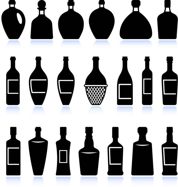 illustrations, cliparts, dessins animés et icônes de bouteilles de vin et alcool & noir blanc vecteur ensemble d'icônes - tequila spiritueux