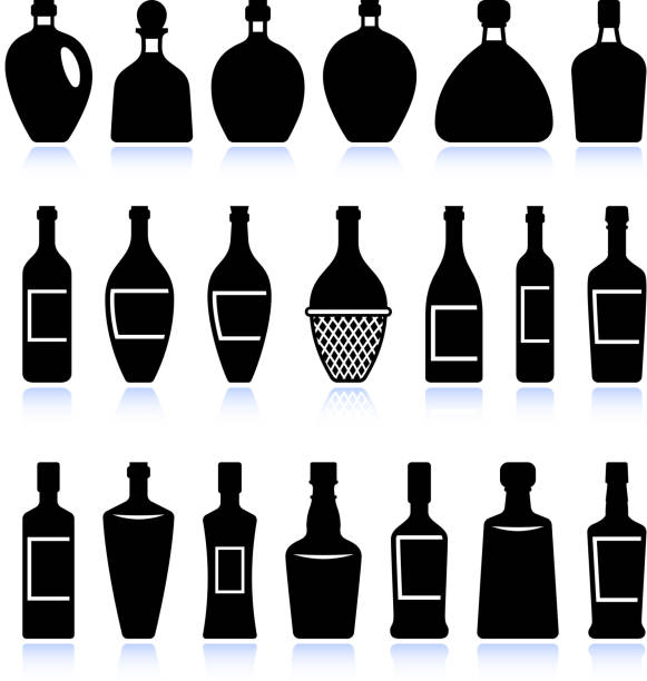 illustrazioni stock, clip art, cartoni animati e icone di tendenza di bottiglie di vino e alcolici & nero bianco icona vettoriale impostato - rummy